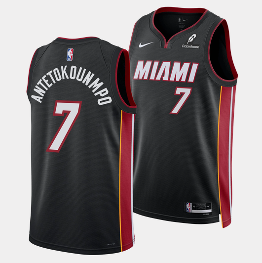 Men's Miami Heat #7 Giannis Antetokounmpo Black 2026 Icon Edition Swingman Stitched Basketball Jersey Men's Miami Heat #7 Giannis Antetokounmpo Black 2026 Icon Edition Swingman Stitched Basketball Jersey